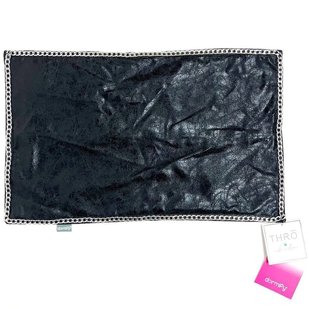 NWT THRO by Marlo Lorenz Crackle Suede Chain Trim Pillow Cover. Black. 12" x 20"